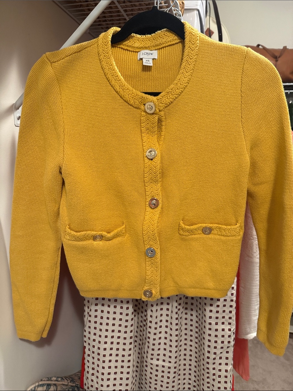 J. Crew Mustard Yellow lady jacket Braided-Trim Knit Cardigan 100% cotton